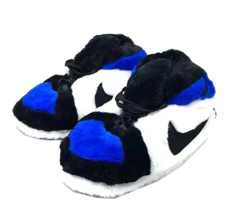 Plush Sneaker Slippers – Blue, Black & White Fuzzy House Shoes