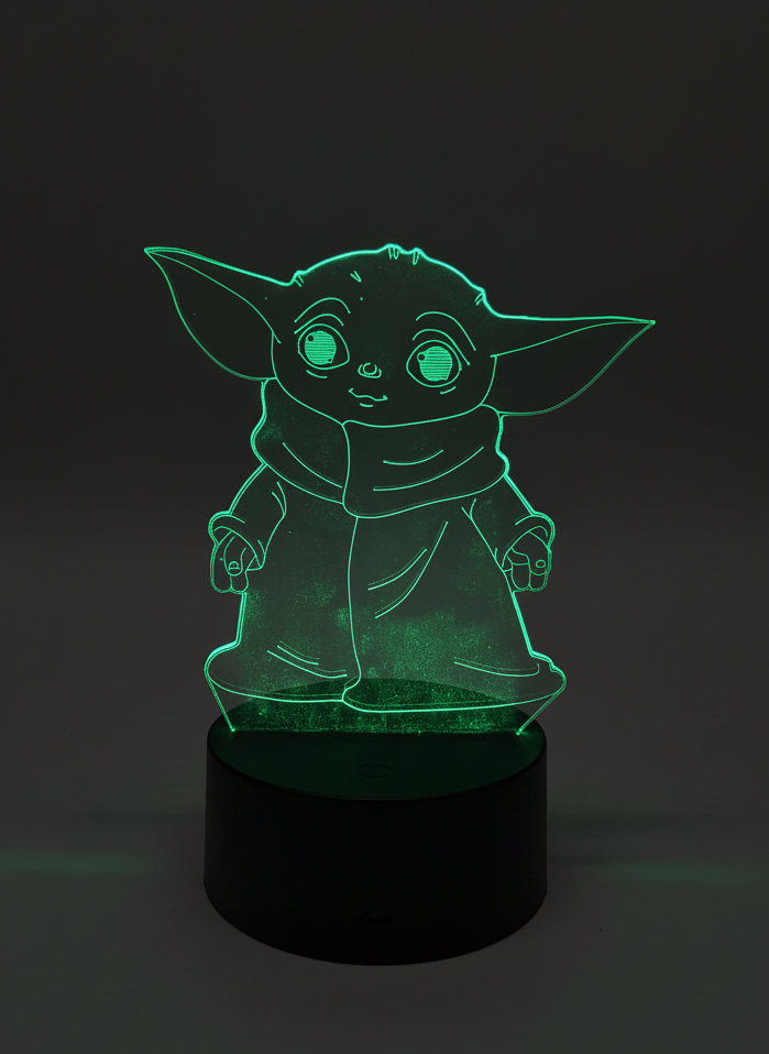 Baby Yoda 3D LED Lamp glowing in green neon light on a black base