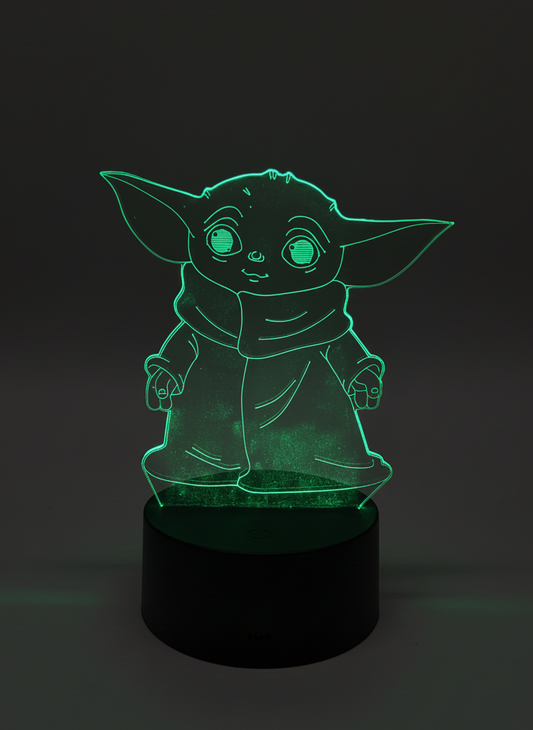 Baby Yoda 3D LED Lamp glowing in green neon light on a black base