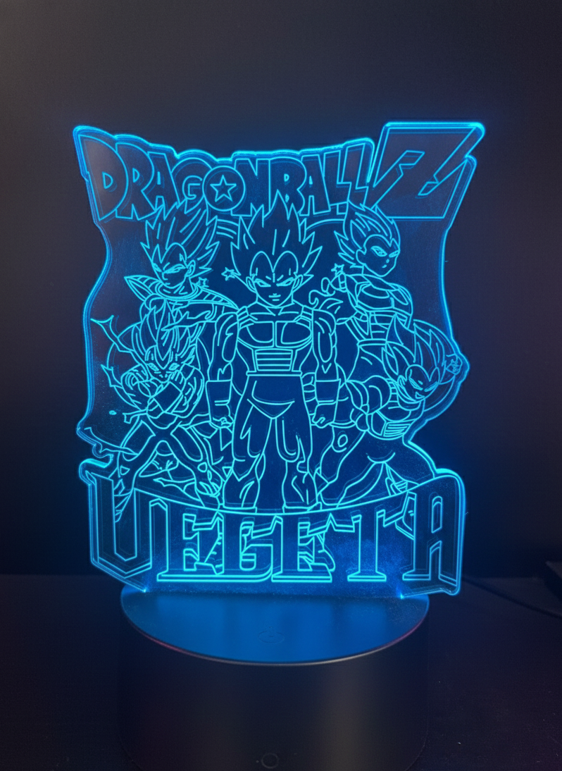 Vegeta hologram-style RGB acrylic lamp with multiple Super Saiyan forms.