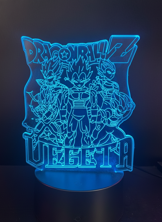 Vegeta hologram-style RGB acrylic lamp with multiple Super Saiyan forms.