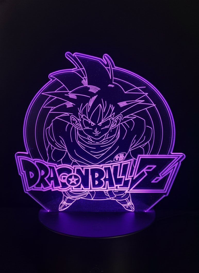 Laser-etched Goku acrylic lamp illuminated in RGB colors on black base