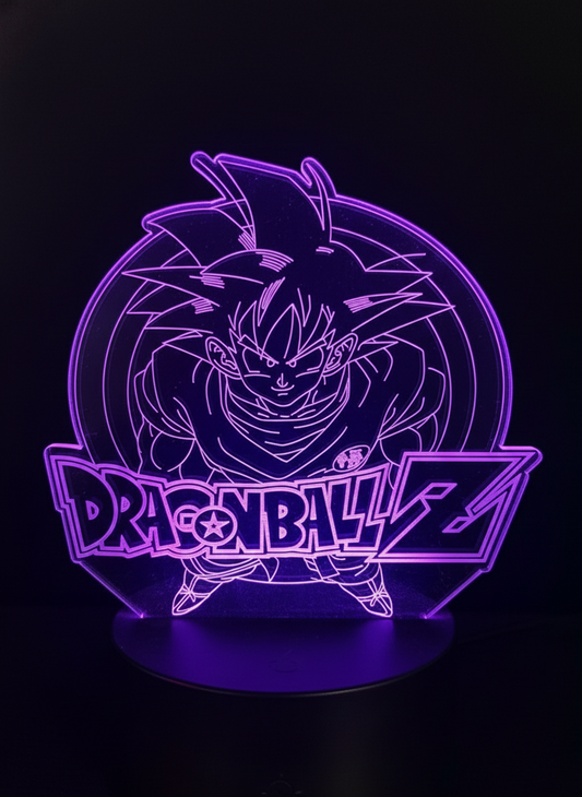 Laser-etched Goku acrylic lamp illuminated in RGB colors on black base