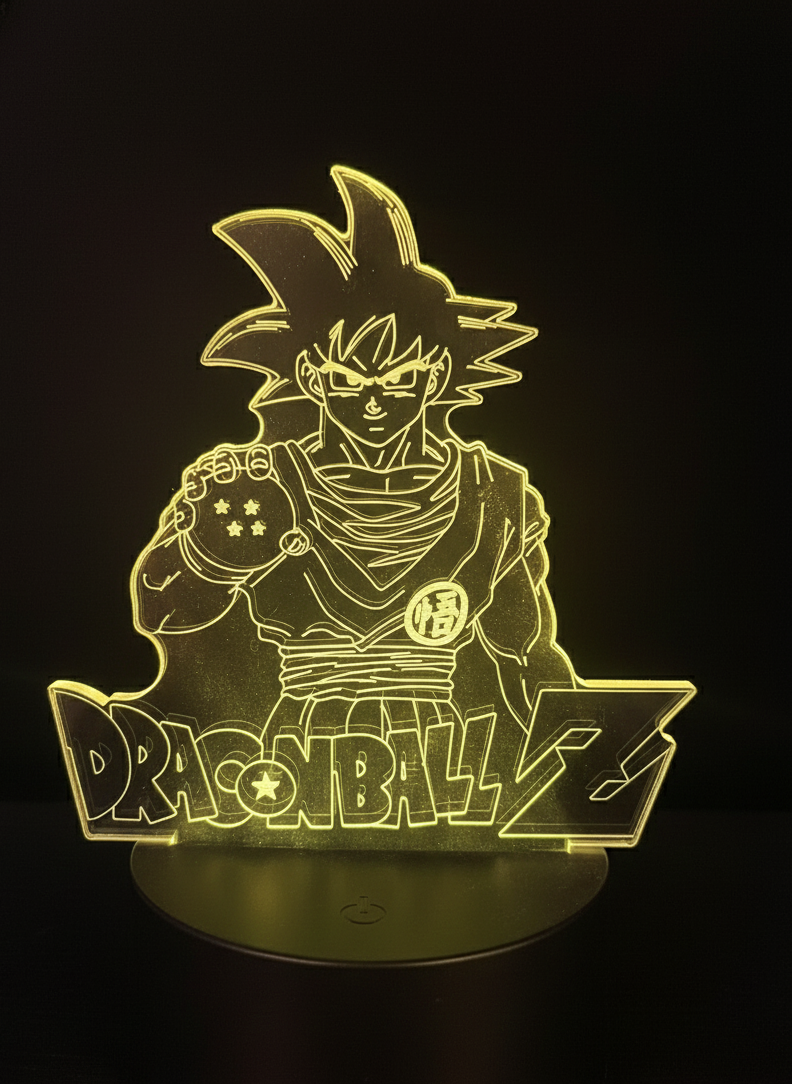 Laser-etched Goku acrylic lamp with RGB hologram lighting.