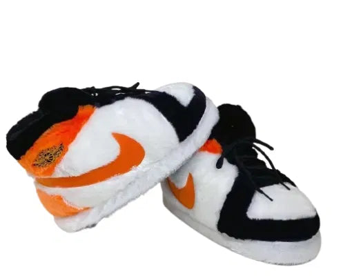 Plush Sneaker Slippers – Orange, Black & White Fuzzy House Shoes