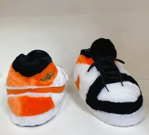 Plush Sneaker Slippers – Orange, Black & White Fuzzy House Shoes