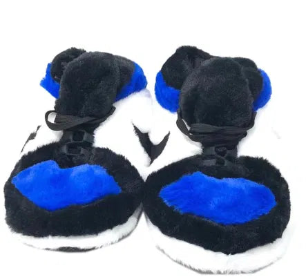 Plush Sneaker Slippers – Blue, Black & White Fuzzy House Shoes