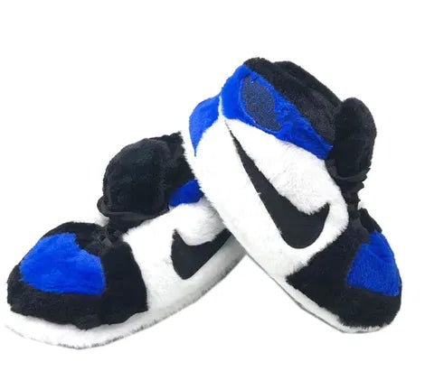 Plush Sneaker Slippers – Blue, Black & White Fuzzy House Shoes