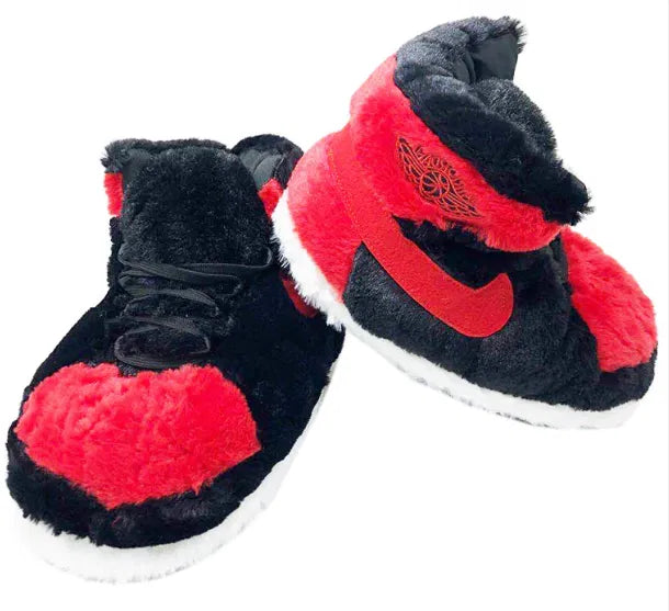 Fuzzy Plush Sneaker Slippers – Red & Black Cozy House Shoes