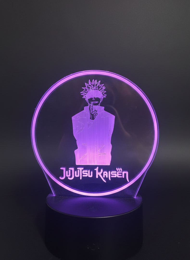 Gojo Satoru 3D LED lamp glowing in blue on black LED base.
