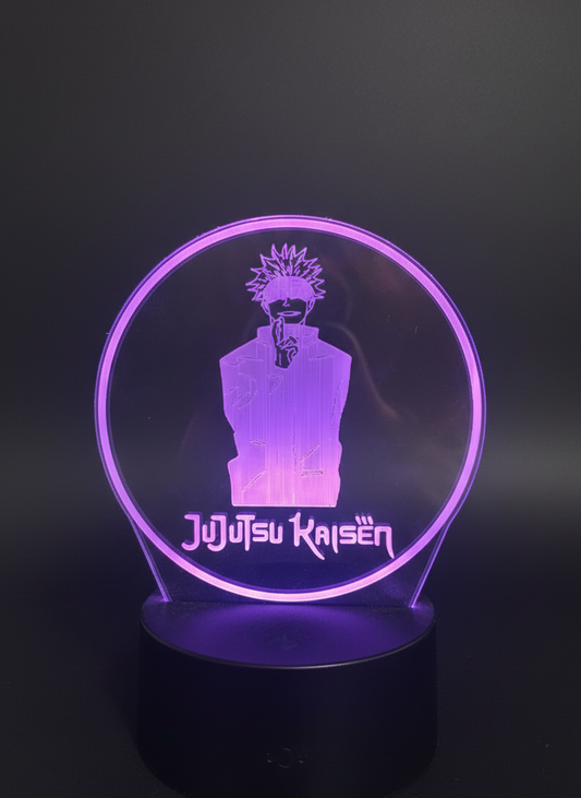 Gojo Satoru 3D LED lamp glowing in blue on black LED base.