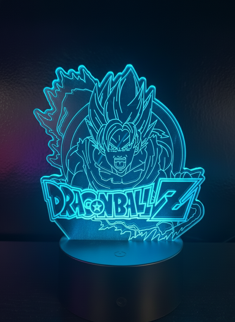 Super Saiyan Goku 3D LED lamp glowing in blue with spiked energy aura.