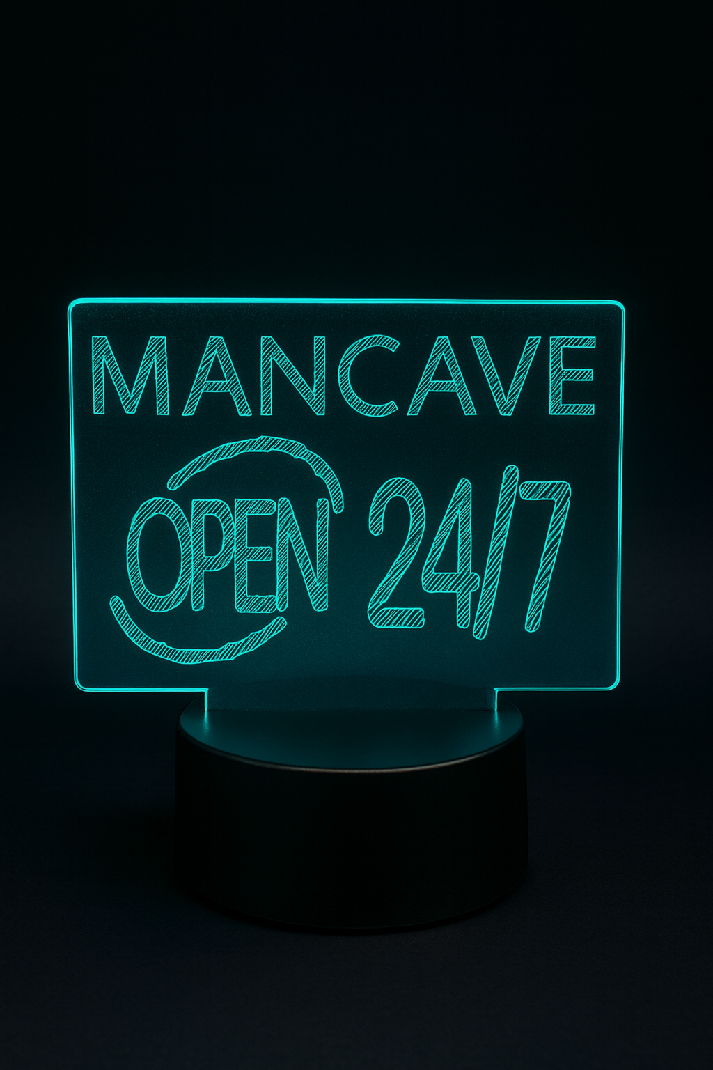 Mancave Open 24/7 3D acrylic lamp in teal light on black base